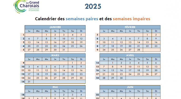 Calendrier 2025 semaines paires/impaires